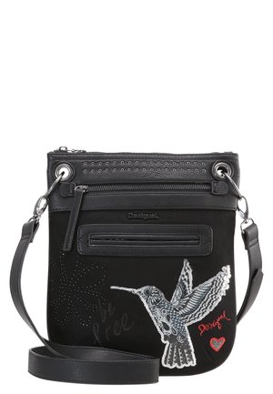 Černá crossbody kabelka na zip s květinovými flitrovými detaily, vyšívaným kolibříkem, logem "Desigual" a nastavitelným popruhem.