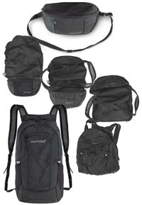 Schwarzer Nylon-Rucksack mit verstellbaren Riemen, mehreren Reißverschlussfächern und kompakter Bauweise. Verfügt über einen Netzrücken für Atmungsaktivität.