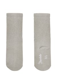 Helle graue Baumwollsocken mit einem gerippten Design, Standardlänge, glatter Textur und einem kleinen weißen Logo auf der Unterseite.