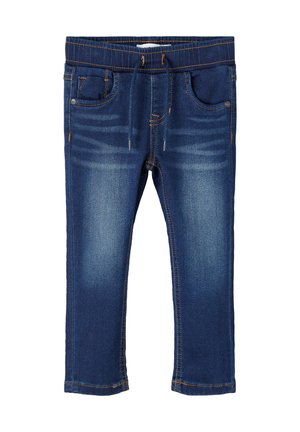 Blå denim børnejeans med elastisk talje, snøre, falmede detaljer, forlommer og kontrastsyninger.