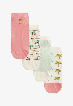 Vier bunte Knöchelsocken mit Motiven einer balancierenden Person, Palmen und sanften pastellfarbenen Streifen, die überlappend angeordnet sind.