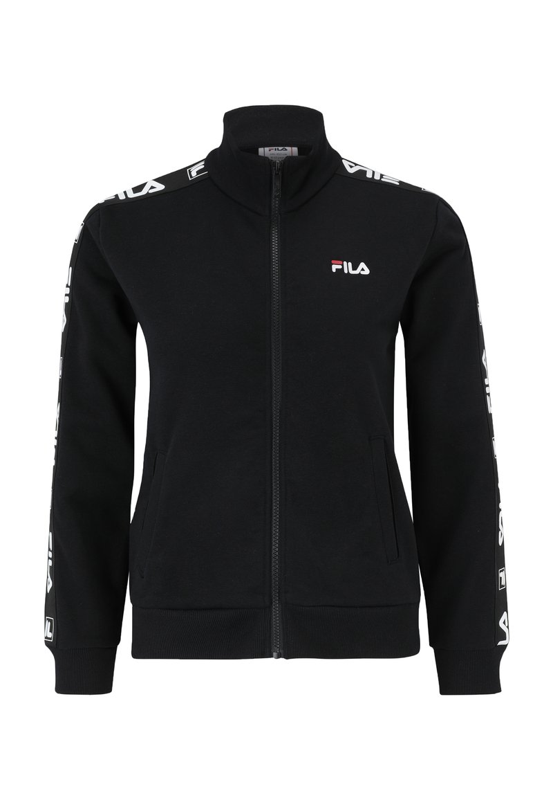 Giacca nera con zip realizzata in cotone, caratterizzata da un colletto alto e tasche laterali. Accenti del logo bianco lungo le maniche e il petto.