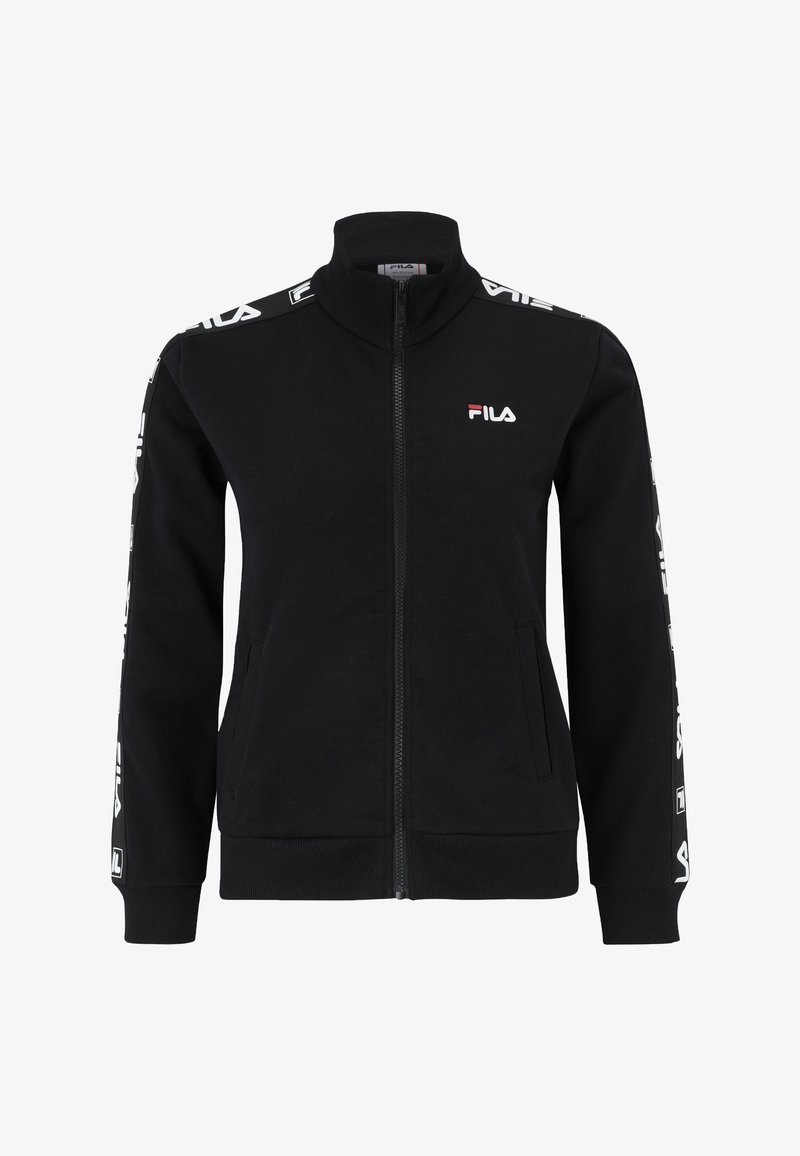 Svart zip-up jacka i bomull med hög krage och sidofickor. Vita logodetaljer längs ärmarna och på bröstet.