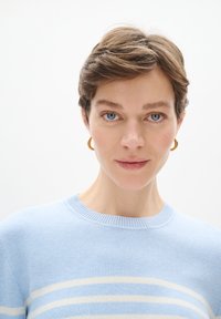 Maglione azzurro chiaro con strisce orizzontali crema, scollo tondo e polsini a costine. Il modello indossa piccoli orecchini circolari dorati. Texture liscia.