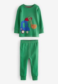 Ensemble en coton vert comprenant un haut à manches longues avec un design de camion et un pantalon vert assorti avec une taille élastique.