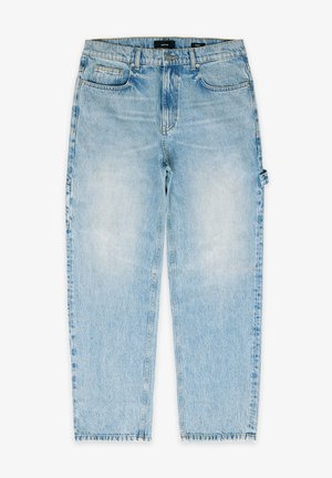 Light blue denim jeans with a relaxed fit, five pockets, and a faded finish. Features a zip fly and belt loops.