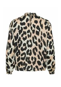 Long-sleeve blouse with beige and black leopard print, elastic cuffs, gathered neckline, and keyhole button closure at the back.