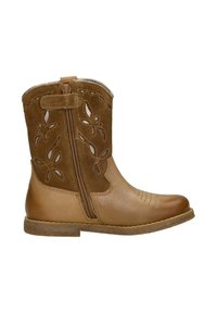 Brown ankle boot with leather and suede material, decorative cutouts, side zipper, and subtle stitching details at the toe.