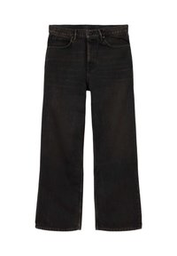 Μαύρο τζιν με ίσια γραμμή στα πόδια, μπροστινές και πίσω τσέπες, θηλιές για ζώνη, κλείσιμο με κουμπί και εμφανείς ραφές.