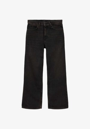 Zwarte rechte jeans met steekzakken aan de voor- en achterkant, riemlussen, knoopsluiting en zichtbare naden.
