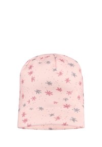 Pink beanie hat made from soft fabric, featuring a repeated snowflake pattern in red and blue, with a snug fit and seamless top.