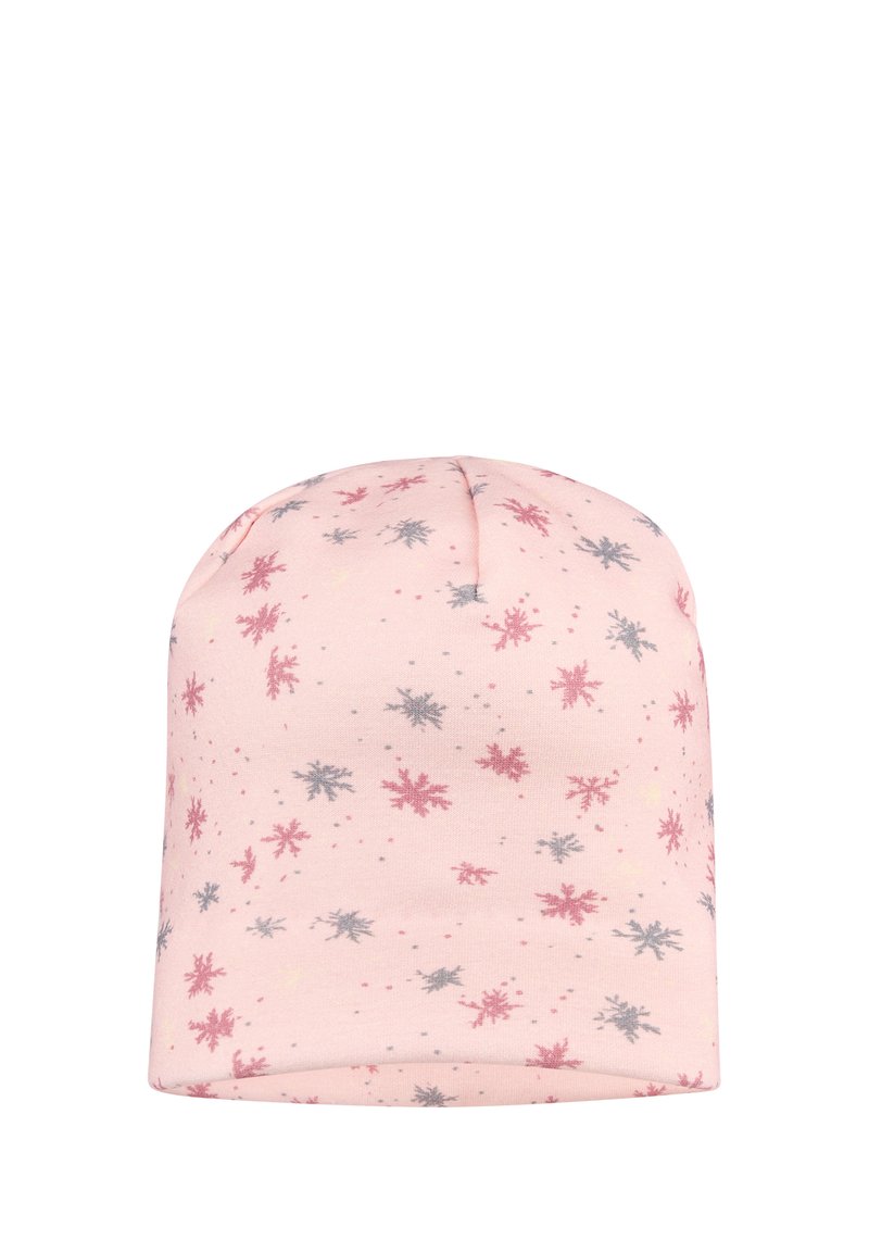 Pink beanie hat made from soft fabric, featuring a repeated snowflake pattern in red and blue, with a snug fit and seamless top.