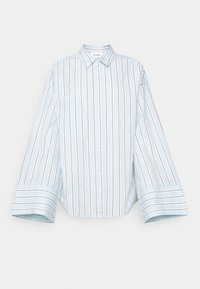 Light blue striped cotton shirt with long sleeves, front pocket, and button closures; features vertical dark and light stripes.