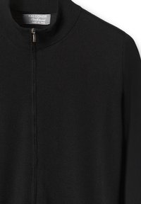 Schwarzer Falconeri Kaschmir-Reißverschluss-Pullover mit hohem Kragen, hergestellt in Italien, von vorne gezeigt mit Fokus auf den Oberkörper und den Reißverschluss-Detail.