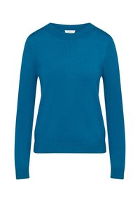 Teal lange mouwen trui van zacht breimateriaal, met een ronde hals en geribde manchetten en zoom, met een soepele textuur.