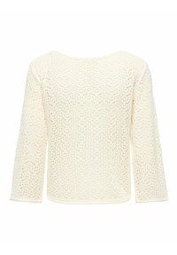 Pull en maille couleur crème avec manches longues et motif ajouré tout au long du tissu, montré de dos.