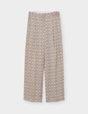 Pantalon beige à jambes larges et taille haute, avec un motif géométrique de carrés et d'arcs en lignes beige plus foncé.