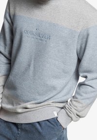 Sweat-shirt gris avec une bande horizontale gris clair, poignets et ourlet côtelés, et logo embossé. Matière douce, coupe décontractée ample.