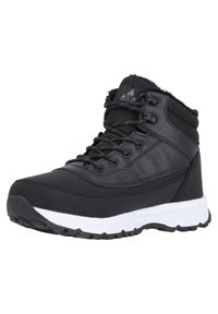 Botte d'hiver montante noire avec semelle blanche épaisse, doublure en fourrure, col de cheville rembourré et lacets noirs.