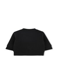 Felpa nera cropped con colletto tondo e maniche corte. Il tessuto è liscio, con una consistenza uniforme e dettagli di cucitura minimi.