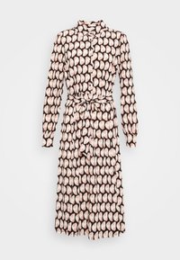 Langärmliges Hemdkleid mit geometrischem Halbkreis-Muster in Schwarz, Beige und Pink, mit Knöpfen vorne und einem gebundenen Taillengürtel.