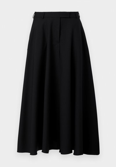 Black pleated midi skirt with a fitted waistband, made from a lightweight fabric, featuring a smooth texture and flowing silhouette.