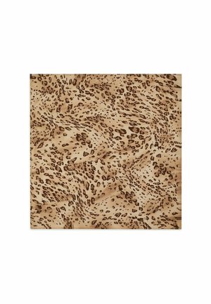 Bruin luipaardprint stof met een gestructureerd oppervlak, met draaiende patronen in lichtere en donkerdere tinten, waardoor een natuurlijke, organische uitstraling ontstaat.