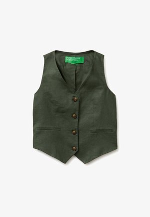 Gilet senza maniche verde scuro con quattro bottoni marroni, scollo a V, due tasche frontali a filetto e un'etichetta verde "United Colors of Benetton" all'interno del colletto.