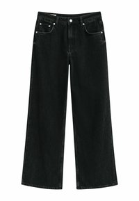 Jean noir à jambes larges en denim, avec une taille haute, cinq poches et des garnitures en métal argenté avec un léger effet vieilli.