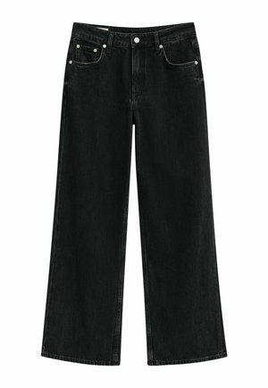 Jeans neri a gamba larga realizzati in denim, con vita alta, cinque tasche e dettagli in metallo argentato con minimo effetto sdrucito.