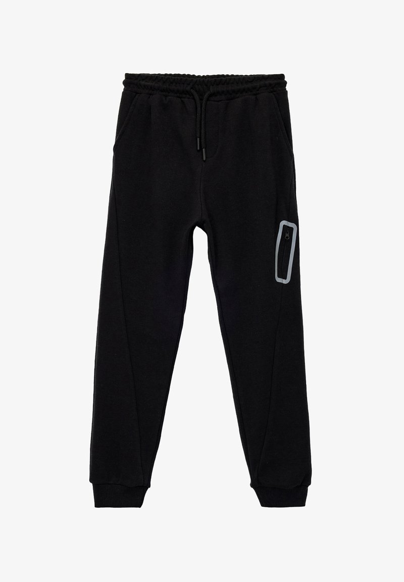 Sorte sweatpants lavet af blødt, tekstureret stof med elastisk talje, sidelommer og en lynlåslomme med kontrasterende kant.