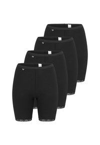 Zwarte katoenen shorts met kantafwerking aan de zoom, met een gladde textuur en een elastische tailleband. Verpakt per vier, ontworpen voor comfort.