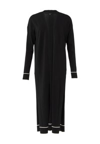 Langer schwarzer Cardigan mit offener Front, gerippten Bündchen und Saum, versehen mit weißen Akzenten. Hergestellt aus weichem Strickstoff, bietet eine lässige Passform.