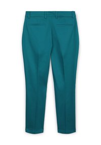 Türkise körperbetonte Hose mit glatter Textur, ausgestattet mit zwei Gesäßtaschen und dezentem Steppdetail entlang der Nähte.