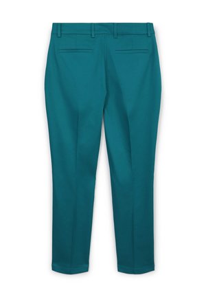 Türkisfarbene, maßgeschneiderte Hose mit glatter Textur, ausgestattet mit Gesäßtaschen und geraden Hosenbeinen, abgerundet mit sauberen Saumdetails.