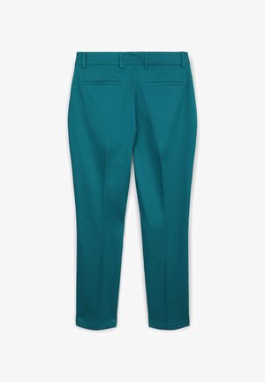 Pantaloni su misura color verde acqua, con una texture liscia, dotati di tasche posteriori e gambe dal taglio dritto, rifiniti con orlo pulito.