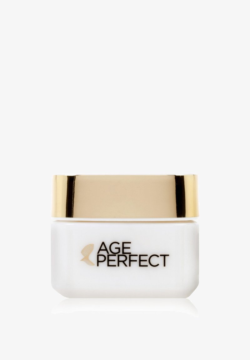 Barattolo cosmetico rettangolare bianco con coperchio dorato etichettato "Age Perfect" per prodotto per la cura della pelle o antietà.