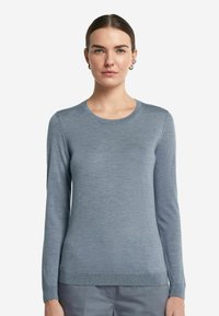 Ljusblå långärmad tröja i mjukt material, med rundad halsringning, figursydd design och ribbade ärmslut och nederkant.