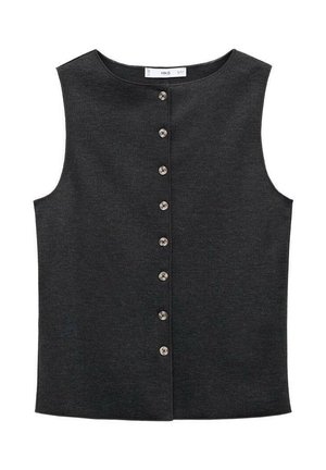 Tmavě šedý top bez rukávů vyrobený z hladkého materiálu. Má kulatý výstřih a šest kovových knoflíků vpředu na zapínání.