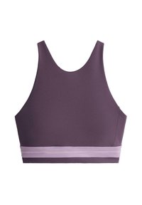 Brassière de sport violette avec larges bretelles et bande élastique rose clair en bas, conçue pour une tenue active.