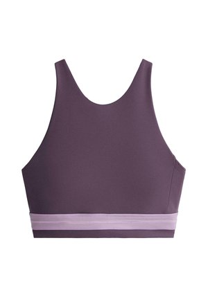 Lila Sport-BH mit breiten Trägern und einem hellrosa elastischen Saum unten, entworfen für sportliche Aktivitäten.