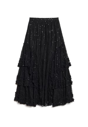 Fustă neagră în straturi, realizată din dantelă texturată, cu niveluri cu margini destrămate și paiete răsfirate pentru un plus de detaliu.