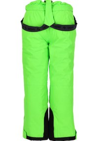Pantaloni da neve isolati verdi con un accento nero nella parte inferiore e vita regolabile. Tessuto liscio, design a gamba dritta. Resistenti e funzionali.