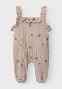 Light brown muslin romper with ruffled straps, embroidered floral pattern, elasticized cuffs, and a soft, textured finish.