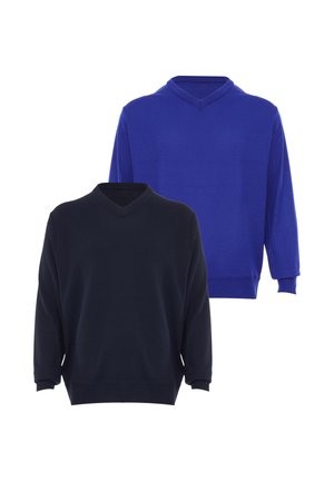 Due maglioni semplici con scollo a V, uno nero davanti e uno blu dietro, mostrati su sfondo bianco.