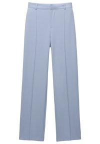 Pantalon bleu clair ajusté avec jambes droites, pli avant, passants de ceinture, et une fermeture avant dissimulée.