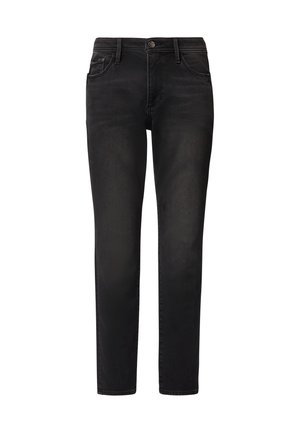 Schwarze Slim-Fit-Jeans mit vorderem Knopf und Reißverschluss, Fünf-Taschen-Design und Gürtelschlaufen am Bund.