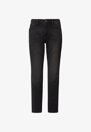 Schwarze Slim-Fit-Jeans mit vorderem Knopf und Reißverschluss, Fünf-Taschen-Design und Gürtelschlaufen am Bund.