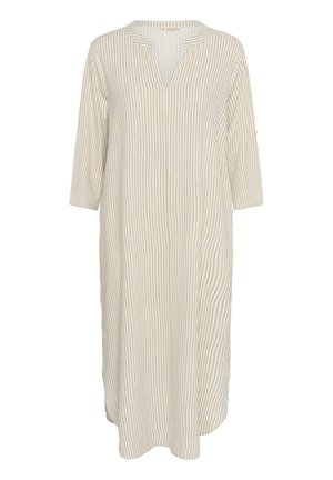 Rochie în dungi, până la genunchi, de culoare crem și bej deschis, cu decolteu în V și mâneci până la trei sferturi. Material moale și ușor.