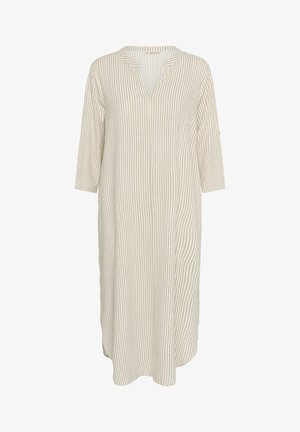 Ribade, põlvepikkune kleit kreemja ja heleda beeži värviga, millel on V-kaelus ja kolmeveerandikleepsud. Pehme, kerge kangas.